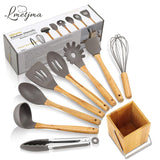 LMETJMA Silicone Kitchen Utensils Set 9-Piece Cooking Tools Set with Bamboo Holder Non-stick Cookware KC0212