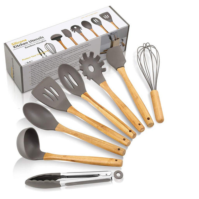 LMETJMA Silicone Kitchen Utensils Set 9-Piece Cooking Tools Set with Bamboo Holder Non-stick Cookware KC0212